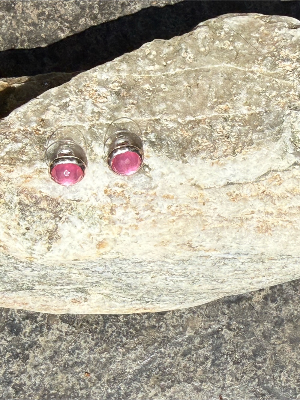 Pink Round Gemstone Stud Earrings with Silver-Tone Setting
